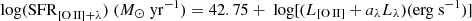 $$ \begin{aligned}&{\mathrm{log(SFR}_{[\text{O}\,{\small{\text{II}}} ]+\lambda })}\ (M_{\odot }\ {\mathrm{yr^{-1}}}) = 42.75+\text{ log[(}L_{[\text{O}\,{\small{\text{II}}} ]}+a_{\lambda }L_{\lambda })({\mathrm{erg\ s^{-1}}})]\end{aligned} $$