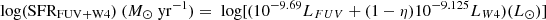 $$ \begin{aligned} {\mathrm{log(SFR_{FUV+W4})}}\ (M_{\odot }\ {\mathrm{yr^{-1}}}) = \text{ log[(}10^{-9.69}L_{FUV} + (1-\eta )10^{-9.125}L_{W4})(L_{\odot })\text{]} \end{aligned} $$