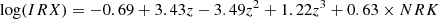 $$ \begin{aligned}&\text{ log}(IRX)=-0.69+3.43z-3.49z^2+1.22z^3+0.63\times NRK\end{aligned} $$