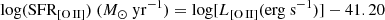 $$ \begin{aligned}&{\mathrm{log(SFR_{[\text{O}\,{\small{\text{II}}} ]})}}\ (M_{\odot }\ {\mathrm{yr^{-1}}})={\mathrm{log[}}L_{[\text{O}\,{\small{\text{II}}} ]}{\mathrm{(erg\ s^{-1})]}}-41.20 \end{aligned} $$