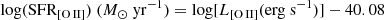 $$ \begin{aligned} {\mathrm{log(SFR_{[\text{O}\,{\small{\text{II}}} ]})}}\ (M_{\odot }\ {\mathrm{yr^{-1}}})={\mathrm{log[}}L_{[\text{O}\,{\small{\text{II}}} ]}{\mathrm{(erg\ s^{-1})]}}-40.08 \end{aligned} $$