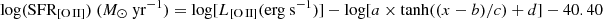 $$ \begin{aligned}&{\mathrm{log(SFR_{[\text{O}\,{\small{\text{II}}} ]})}}\ (M_{\odot }\ {\mathrm{yr^{-1}}})={\mathrm{log[}}L_{[\text{O}\,{\small{\text{II}}} ]}{\mathrm{(erg\ s^{-1})]}}-{\mathrm{log[}}a\times {\mathrm{tanh}}((x-b)/c)+d{\mathrm{]}}-40.40\end{aligned} $$