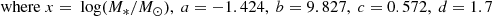 $$ \begin{aligned}&{\mathrm{where }}\ x={\text{ log}}(M_{*}/M_{\odot }),\ a=-1.424,\ b=9.827,\ c=0.572,\ d=1.7 \end{aligned} $$