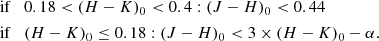 $$ \begin{aligned}&\mathrm{if} \quad 0.18 < (H-K)_0 < 0.4 : (J-H)_0 < 0.44\nonumber \\&\mathrm{if} \quad (H-K)_0 \le 0.18 : (J-H)_0 < 3 \times (H-K)_0 - \alpha . \end{aligned} $$