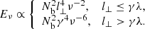 $$ \begin{aligned} E_\nu \propto {\left\{ \begin{array}{ll} N_{\rm b}^2l_\perp ^4\nu ^{-2},&l_\perp \le \gamma \lambda ,\\ N_{\rm b}^2\gamma ^4\nu ^{-6},&l_\perp >\gamma \lambda . \end{array}\right.} \end{aligned} $$