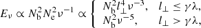 $$ \begin{aligned} E_\nu \propto N_{\rm b}^2N_{\rm e}^2\nu ^{-1}\propto {\left\{ \begin{array}{ll} N_{\rm b}^2l_\perp ^4\nu ^{-3},&l_\perp \le \gamma \lambda ,\\ N_{\rm b}^2\nu ^{-5},&l_\perp >\gamma \lambda , \end{array}\right.} \end{aligned} $$