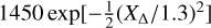 $1450\exp \left[ { - {1 \over 2}{{\left( {{X_{\rm{\Delta }}}{\rm{/1}}{\rm{.3}}} \right)}^2}} \right]$