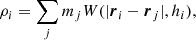 $$ \begin{aligned}&\rho _i = \sum _j m_j W(|\boldsymbol{r}_i - \boldsymbol{r}_j|, h_i), \end{aligned} $$
