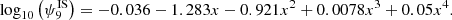 $$ \begin{aligned} \log _{10}\left(\psi _9^\mathrm{IS}\right) = -0.036 -1.283x -0.921x^2 +0.0078x^3 +0.05x^4. \end{aligned} $$