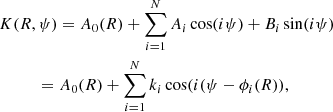 $$ \begin{aligned}&K(R, \psi ) = A_0(R) + \sum _{i=1}^{N}A_{i}\cos (i\psi ) + B_{i}\sin (i\psi ) \nonumber \\&\qquad \ \ \ = A_0(R) + \sum _{i=1}^{N}k_{i}\cos (i(\psi -\phi _{i}(R)), \end{aligned} $$