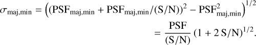 ${\sigma _{{\rm{maj,min}}}} = {\left( {{{\left( {{\rm{PS}}{{\rm{F}}_{{\rm{maj,min}}}} + {\rm{PS}}{{\rm{F}}_{{\rm{maj,min}}}}{\rm{/}}\left( {{\rm{S/N}}} \right)} \right)}^2} + {\rm{PSF}}_{{\rm{maj}},\min }^2} \right)^{1/2}} = {{{\rm{PSF}}} \over {\left( {{\rm{S/N}}} \right)}}{\left( {1 + 2{\rm{S/N}}} \right)^{1/2}}.$