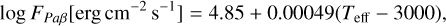 $ \log {F_{Pa\beta }}\left[ {{\rm{erg}}\,{\rm{c}}{{\rm{m}}^{ - 2}}\,{{\rm{s}}^{ - 2}}} \right] = 4.85 + 0.00049\left( {{T_{{\rm{eff}}}} - 3000} \right), $