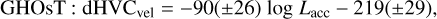 $ {\rm{GHOsT:dHV}}{{\rm{C}}_{{\rm{vel}}}} = - 90\left( { \pm 26} \right)\log {L_{{\rm{acc}}}} - 219\left( { \pm 29} \right), $