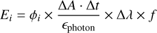 ${E_i} = {\phi _i} \times {{{\rm{\Delta }}A\,\cdot\,{\rm{\Delta }}t} \over {{_{{\rm{photon}}}}}} \times {\rm{\Delta }}\lambda \times f$