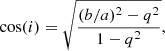 $$ \begin{aligned} \cos (i)=\sqrt{ \frac{(b/a)^2-q^2}{1-q^2}}, \end{aligned} $$