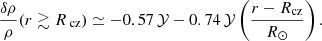 Mathematical equation: $$ \begin{aligned} \frac{\delta \rho }{\rho }(r \gtrsim R_{\text{ cz}}) \simeq -0.57 \, \mathcal{Y} - 0.74 \, \mathcal{Y} \left( \frac{ r - R_{\rm {cz}}}{R_{\odot }} \right). \end{aligned} $$
