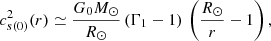 Mathematical equation: $$ \begin{aligned} c_{s (0)}^2(r) \simeq \frac{G_{0}M_{\odot }}{R_{\odot }} \, (\Gamma _1 -1) \, \left( \frac{R_{\odot }}{r} -1 \right), \end{aligned} $$
