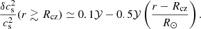 Mathematical equation: $$ \begin{aligned} \frac{\delta c_{\text{s}}^2}{c_{\text{s}}^2} (r \gtrsim R_{\text{cz}})\simeq 0.1 \mathcal{Y} - 0.5 \mathcal{Y} \left( {r- R_\text{cz} \over {R_{\odot }}} \right). \end{aligned} $$