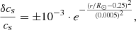 Mathematical equation: $$ \begin{aligned} \frac{\delta c_{\rm s}}{c_{\rm s}} = \pm 10^{-3} \cdot e^{ - \frac{(r/R_{\odot } - 0.25)^2}{(0.0005)^2} }, \end{aligned} $$