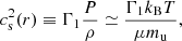 Mathematical equation: $$ \begin{aligned} c^{2}_{\rm s}(r) \equiv \Gamma _1 \frac{P}{\rho } \simeq \frac{\Gamma _1 k_{\rm B} T}{\mu m_{\rm u}}, \end{aligned} $$