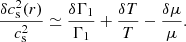 Mathematical equation: $$ \begin{aligned} \frac{\delta c_{\mathrm{s}}^{2}(r)}{c^{2}_{\rm s}} \simeq \frac{\delta \Gamma _{1}}{\Gamma _{1}} + \frac{\delta T}{T} - \frac{\delta \mu }{\mu }. \end{aligned} $$
