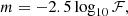 $$ \begin{aligned} m = -2.5 \log _{10} \mathcal{F} , \end{aligned} $$