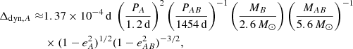 $$ \begin{aligned} \Delta _{\mathrm{dyn},A} \approx &1.37\times 10^{-4}\,\mathrm{d}\ \left(\frac{P_A}{1.2\,\mathrm{d}}\right)^2 \left(\frac{P_{AB}}{1454\,\mathrm{d}}\right)^{-1} \left(\frac{M_B}{2.6\,M_\odot }\right) \left(\frac{M_{AB}}{5.6\,M_\odot }\right)^{-1}\nonumber \\&\times (1-e_A^2)^{1/2}(1-e_{AB}^2)^{-3/2}, \end{aligned} $$