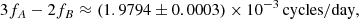 $$ \begin{aligned} 3f_A - 2f_B \approx (1.9794 \pm 0.0003) \times 10^{-3}\,\mathrm{cycles/day}, \end{aligned} $$