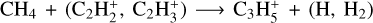 ${\rm{C}}{{\rm{H}}_4} + \left( {{{\rm{C}}_{\rm{2}}}{\rm{H}}_2^ + ,{{\rm{C}}_{\rm{2}}}{\rm{H}}_3^ + } \right) \to {{\rm{C}}_3}{\rm{H}}_5^ + + \left( {{\rm{H}},{{\rm{H}}_2}} \right)$