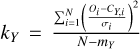 ${k_Y} = {{\sum\nolimits_{i = 1}^N {{{\left( {{{{O_i} - {C_{Y,i}}} \over {{\sigma _i}}}} \right)}^2}} } \over {N - {m_Y}}}$