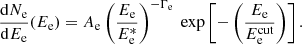 $$ \begin{aligned} \frac{\mathrm{d}N_{\rm e}}{\mathrm{d}E_{\rm e}}(E_{\rm e}) = A_{\rm e} \left(\frac{E_{\rm e}}{E_{\rm e}^*}\right)^{-\Gamma _{\rm e}} \text{ exp}\left[-\left(\frac{E_{\rm e}}{E_{\rm e}^\text{cut}}\right)\right]. \end{aligned} $$