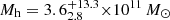$ M_{\mathrm{h}}= 3.6^{+13.3}_{2.8} {\times} 10^{11}\,M_{\odot} $