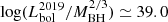 $ \log(L^{\mathrm{2019}}_{\mathrm{bol}}/M^{2/3}_{\mathrm{BH}})\simeq39.0 $