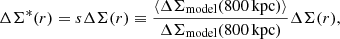 $$ \begin{aligned} \Delta \Sigma ^{*} (r) = s\Delta \Sigma (r) \equiv \frac{\langle \Delta \Sigma _{\rm model}(800\,\mathrm{kpc})\rangle }{\Delta \Sigma _{\rm model}(800\,\mathrm{kpc})} \Delta \Sigma (r), \end{aligned} $$