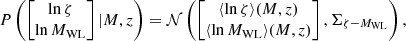 $$ \begin{aligned} P\left(\left[{\begin{matrix}\ln \zeta \\ \ln M_{\rm WL}\end{matrix}}\right] | M,z\right) = \mathcal{N} \left(\left[{\begin{matrix}\langle \ln \zeta \rangle (M,z) \\ \langle \ln M_{\rm WL}\rangle (M,z)\end{matrix}}\right] , \Sigma _{\zeta - M_{\rm WL}}\right), \end{aligned} $$