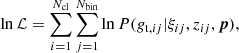 $$ \begin{aligned} \ln \mathcal{L} = \sum _{i=1}^{N_{\rm cl}} \sum _{j=1}^{N_{\rm bin}} \ln P(g_{\mathrm{t},ij} | \xi _{ij}, z_{ij}, \boldsymbol{p}), \end{aligned} $$