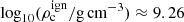 Mathematical equation: $ \log_{10} (\rho_{\mathrm{c}}^{\mathrm{ign}}/\mathrm{g\,cm^{-3}}) \approx 9.26 $
