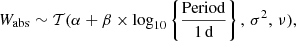 Mathematical equation: $$ \begin{aligned} W_{\mathrm{abs} } \sim \mathcal{T} (\alpha + \beta \times {\log }_{\mathrm{10} }\left\{ \frac{\mathrm{Period}}{1\,\mathrm{d}}\right\} , \, \sigma ^{2}, \, \nu ), \end{aligned} $$