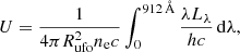 $$ \begin{aligned} U= \frac{1}{4\pi R{_{\rm ufo}^2} n_{\rm e} c} \int _{0}^{912\,\AA } \frac{\lambda L_{\lambda }}{hc} \,\mathrm{d}\lambda ,\end{aligned} $$