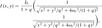 $$ \begin{aligned} I (x, { y}) = \frac{I_0}{1 + q}&\bigg (\frac{1}{\sqrt{{x}^2 + {{ y}}^2/q^2 + 4{\omega _c}^2/(1+q)^2}}- \nonumber \\&\frac{1}{\sqrt{{x}^2 + {{ y}}^2/q^2 + 4{\omega _t}^2/(1+q)^2}}\bigg ), \end{aligned} $$