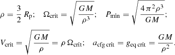 $$ \begin{aligned}&\rho =\frac{3}{2}\,R_{\mathrm{p} };\quad \Omega _{\mathrm{crit} }=\sqrt{\,\frac{G M}{\rho ^3}};\quad P_{\mathrm{min} }=\sqrt{\,\frac{4\,\pi ^2\rho ^3}{G M}};\\&V_{\mathrm{crit} }=\sqrt{\,\frac{G M}{\rho }}=\rho \, \Omega _{\mathrm{crit} };\quad a_{\rm cfg\,crit }={g}_{\rm eq\,crit }=\frac{G M}{\rho ^2}.\nonumber \end{aligned} $$