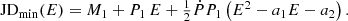 $$ \begin{aligned}&\mathrm{JD} _{\rm {min}}(E)=M_{1}+P_1\,E+\textstyle {\frac{1}{2}}\dot{P}P_1 \left(E^2-a_1E-a_2\right). \end{aligned} $$