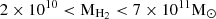 $ \rm 2\times 10^{10} < M_{\mathrm{H}_2} < 7 \times 10^{11} M_{\odot} $