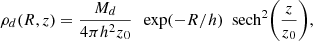 $$ \begin{aligned} \rho _d (R, z) = \frac{M_d}{4 \pi h^2 z_0}\ \ \exp (- R/h)\ \ \mathrm{sech}^2 \bigg (\frac{z}{z_0}\bigg ), \end{aligned} $$