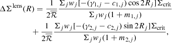 Mathematical equation: $$ \begin{aligned}&\Delta \Sigma ^\mathrm{lens}(R)=\frac{1}{2\overline{\mathcal{R} }}\frac{\Sigma _j { w}_j[-(\gamma _{1,j}-c_{1,j})\cos {2R_j}]\Sigma _{\rm crit}}{\Sigma _j { w}_j (1+m_{1,j})}\nonumber \\&\qquad \qquad \quad +\frac{1}{2\overline{\mathcal{R} }}\frac{\Sigma _j { w}_j[-(\gamma _{2,j}-c_{2,j})\sin {2R_j}]\Sigma _{\rm crit}}{\Sigma _j { w}_j (1+m_{2,j})}, \end{aligned} $$
