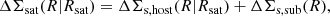 Mathematical equation: $$ \begin{aligned} \Delta \Sigma _{\rm sat}(R|R_{\rm sat})=\Delta \Sigma _{\rm s,host}(R|R_{\rm sat})+\Delta \Sigma _{\rm s,sub}(R), \end{aligned} $$