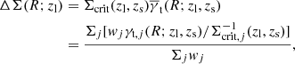 Mathematical equation: $$ \begin{aligned} \Delta \Sigma (R; z_{\rm l})&= \Sigma _{\rm crit}(z_{\rm l},z_{\rm s})\overline{\gamma }_{\rm t} (R; z_{\rm l},z_{\rm s})\nonumber \\&= \frac{\Sigma _j[{ w}_j\gamma _{\mathrm{t},j}(R; z_{\rm l},z_{\rm s})/\Sigma ^{-1}_{\mathrm{crit,}j}(z_{\rm l},z_{\rm s})]}{\Sigma _j { w}_j}, \end{aligned} $$