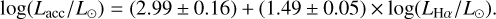 $\log \left( {{L_{{\rm{acc}}}}/{L_ \odot }} \right) = \left( {2.99 \pm 0.16} \right) + \left( {1.49 \pm 0.05} \right) \times \log \left( {{L_{{\rm{H}}\alpha }}{\rm{/}}{L_ \odot }} \right).$