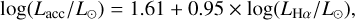 $\log \left( {{L_{{\rm{acc}}}}/{L_ \odot }} \right) = 1.61 + 0.95 \times \log \left( {{L_{{\rm{H}}\alpha }}/{L_ \odot }} \right),$