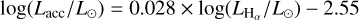 $\log \left( {{L_{{\rm{acc}}}}/{L_ \odot }} \right) = 0.288 \times \log \left( {{L_{{{\rm{H}}_\alpha }}}{\rm{/}}{L_ \odot }} \right) - 2.55$